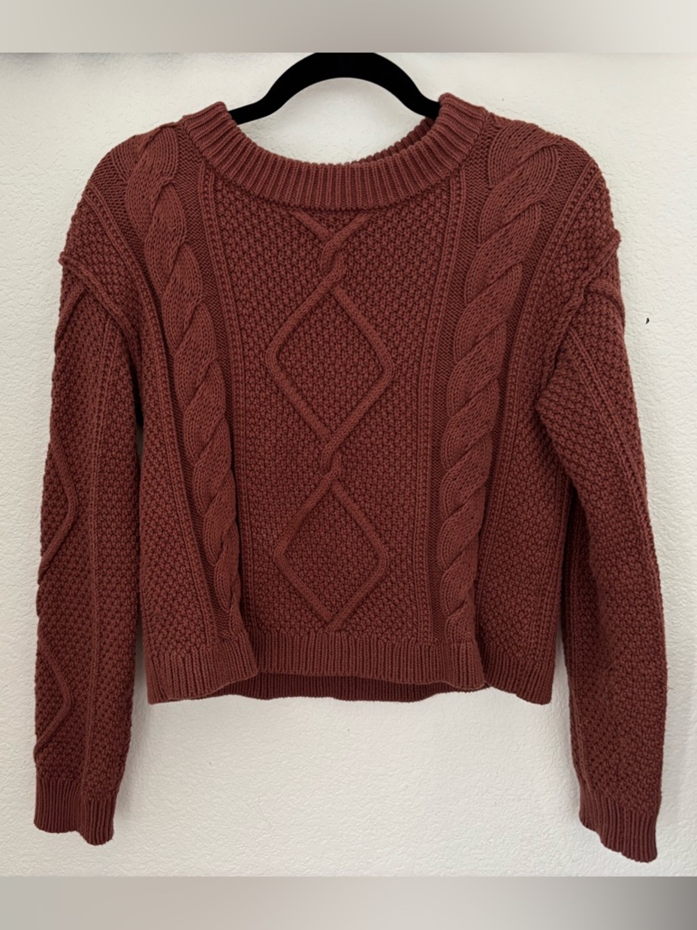 Quince Cropped Cable Knit Crew Sweater - Brown Mahogany Small